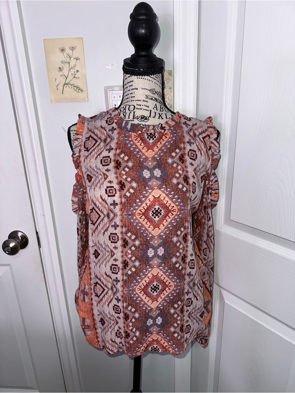 Women's Rust Geo Print Cold-Shoulder Blouse